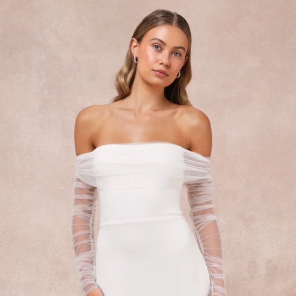 NEW Lulus Beautifully Beloved White Mesh Off-the-Shoulder Maxi Dress XS #1554 - Picture 2 of 8